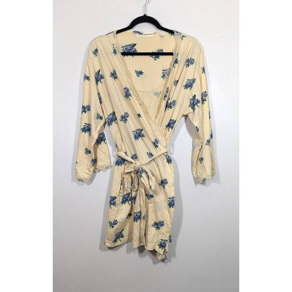 Victorias Secret Womens Robe Small Yellow Lace Trim Blue Floral Wrap Tie Belt - Picture 1 of 10